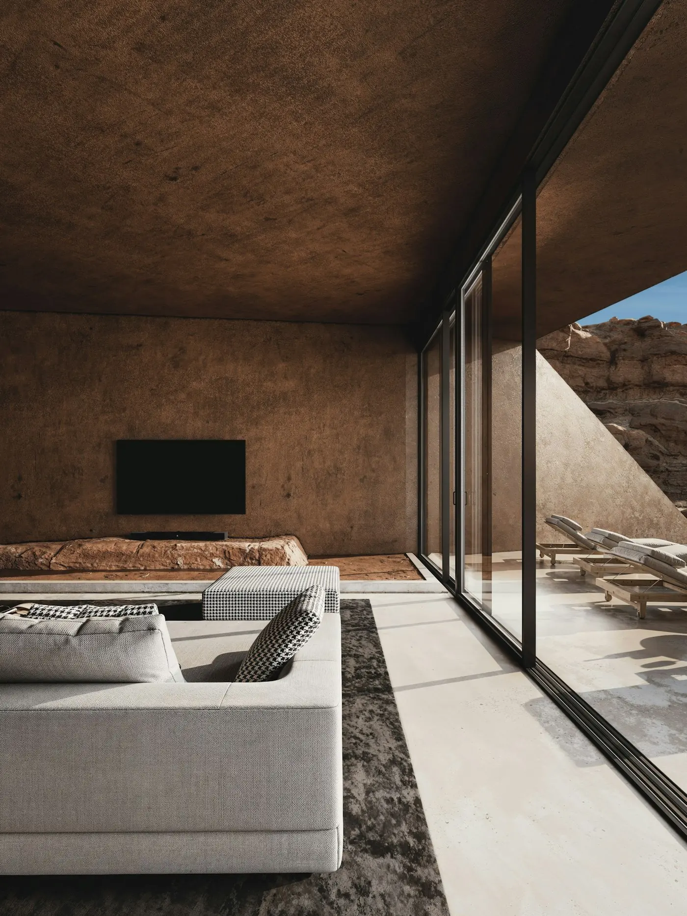 Minimalist architectural interior in terracotta tones